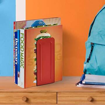 Acrimet Sleek Minimalist Metal Bookend with Non-Slip Base, Modern Decorative Book Holder, Book Shelf Holder for Home Office Organization, 9” Height, Red Color, 1 Pair