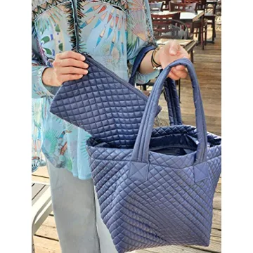 CLARANY Comfortable Lightweight Large Quilted Tote bag with Pouch water repellent NAVY