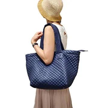 CLARANY Comfortable Lightweight Large Quilted Tote bag with Pouch water repellent NAVY