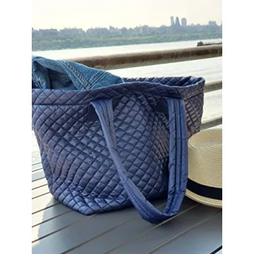 CLARANY Comfortable Lightweight Large Quilted Tote bag with Pouch water repellent NAVY