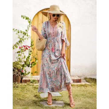 SDEER Women's Floral Print Bohemian Dress V Neck Flare Sleeve High Waist Swing Long Dress Beach Vacation Dresses(Green,L)