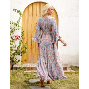SDEER Women's Floral Print Bohemian Dress V Neck Flare Sleeve High Waist Swing Long Dress Beach Vacation Dresses(Green,L)