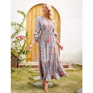 SDEER Women's Floral Print Bohemian Dress V Neck Flare Sleeve High Waist Swing Long Dress Beach Vacation Dresses(Green,L)