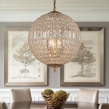 ALOADECOR 3-Light 18'' Vintage French Handcrafted Antique Gold Globe Crystal Chandelier Ornate Spher...