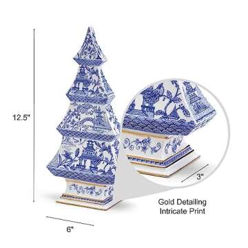 Two's Company Mini Blue & White Chinoiserie Christmas Tree Decor Ceramic Figurine, 12" Tabletop Indo...