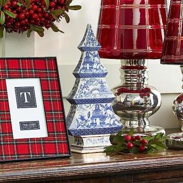 Two's Company Mini Blue & White Chinoiserie Christmas Tree Decor Ceramic Figurine, 12" Tabletop Indoor Decoration