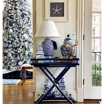 Two's Company Mini Blue & White Chinoiserie Christmas Tree Decor Ceramic Figurine, 12" Tabletop Indoor Decoration