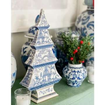 Two's Company Mini Blue & White Chinoiserie Christmas Tree Decor Ceramic Figurine, 12" Tabletop Indoor Decoration