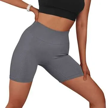 SUUKSESS Women Ribbed Biker Shorts Seamless High Waisted Workout Short Leggings (Grey, M)