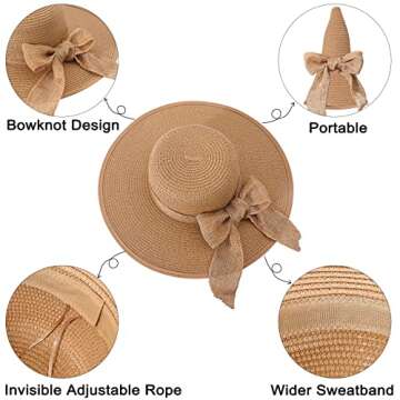 Double Couple Womens Straw Hat Wide Brim Floppy Beach Sun Hat for Women UPF 50+ Adjustable Strap Vac...