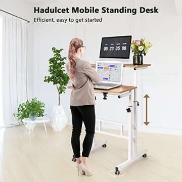Hadulcet Small Standing Desk, Mobile Standing Desk Adjustable, Standing Laptop Cart, Rolling Computer Cart, Portable Standing Desk on Wheels, Stand Up Desk for Over Treadmill & Drawing, Vintage Oak