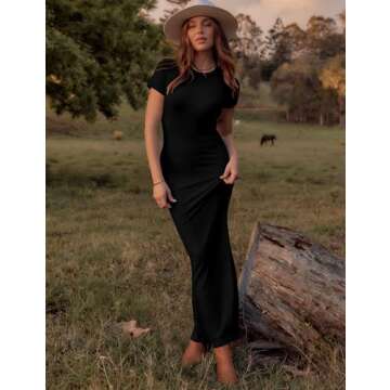 LOMON Bodycon Dresses for Women Elegant Summer Maxi Casual 2024 Long Elegant Trendy Ladies Dress Junior Semi-Formal TightFishtail Sexy Y2k Short Sleeve Tight Ribbed Knitted Fitted Crew Neck Vestido