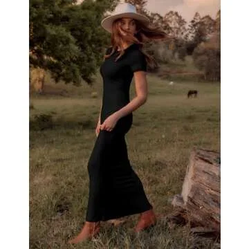 LOMON Bodycon Dresses for Women Elegant Summer Maxi Casual 2024 Long Elegant Trendy Ladies Dress Junior Semi-Formal TightFishtail Sexy Y2k Short Sleeve Tight Ribbed Knitted Fitted Crew Neck Vestido