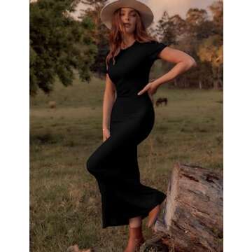 LOMON Bodycon Dresses for Women Elegant Summer Maxi Casual 2024 Long Elegant Trendy Ladies Dress Junior Semi-Formal TightFishtail Sexy Y2k Short Sleeve Tight Ribbed Knitted Fitted Crew Neck Vestido