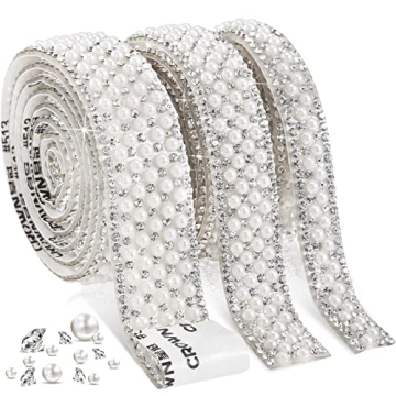 Outus Pearl Stickers 3 Rolls Self Adhesive Pearl Rhinestone Ribbon for DIY Craft Decoration