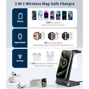 Magnetic Wireless Mag-Safe Charging Station, 3 in 1 Fast Max Charging for iPhone 16 15 14 13 12 Pro Max Plus, Charger Stand for Apple Watch Series & Air pods 4 3 2 Pro, for Your Gifts