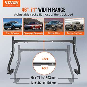 VEVOR Extendable Steel Truck Ladder Rack - 800 lbs Capacity, 46-71 inch, Non-Drilling for Kayak, Sur...