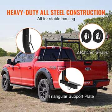 VEVOR Extendable Steel Truck Ladder Rack - 800 lbs Capacity, 46-71 inch, Non-Drilling for Kayak, Surfboard, Lumber, Ladder