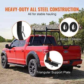 VEVOR Extendable Steel Truck Ladder Rack - 800 lbs Capacity, 46-71 inch, Non-Drilling for Kayak, Surfboard, Lumber, Ladder
