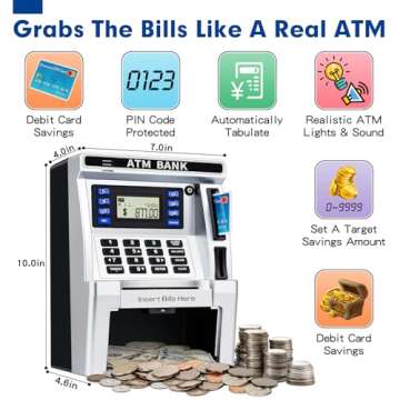 ATM Piggy Bank for Kids, ATM Machine for Real Money with Debit Card, Bill Feeder, Coin Recognition, ...