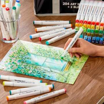 Shuttle Art 205 Colors Dual Tip Alcohol Markers, 204 Colors Permanent Marker Plus 1 Blender 1 Marker Pad 1 Case and Color Chart for Kids Adult Artist Drawing Coloring Books Sketching Card Making