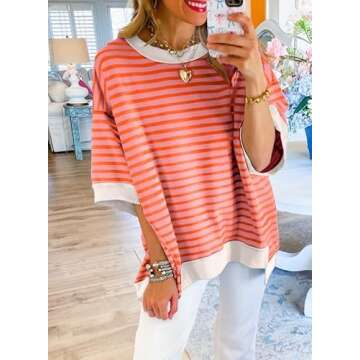 SHEWIN Shirts for Women 2025 Loose Short Sleeve Sweatshirt Cute Womens Spring Tops Casual Crewneck Color Block Tee Shirt Trendy Cute Summer Outfits Orange Stripe XL
