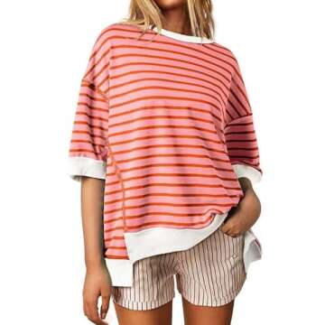 SHEWIN Shirts for Women 2025 Loose Short Sleeve Sweatshirt Cute Womens Spring Tops Casual Crewneck Color Block Tee Shirt Trendy Cute Summer Outfits Orange Stripe XL
