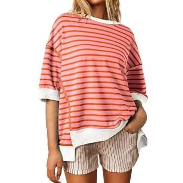 SHEWIN Shirts for Women 2025 Loose Short Sleeve Sweatshirt Cute Womens Spring Tops Casual Crewneck Color Block Tee Shirt Trendy Cute Summer Outfits Orange Stripe XL