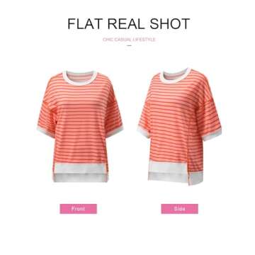 SHEWIN Shirts for Women 2025 Loose Short Sleeve Sweatshirt Cute Womens Spring Tops Casual Crewneck Color Block Tee Shirt Trendy Cute Summer Outfits Orange Stripe XL
