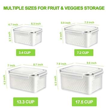 TBMax Fruit Storage Containers for Fridge Organizers and Storage, 4 Pack Large Produce Saver with Airtight Lid & Colander for Berry Lettuce Salad Vegetable Storage, Refrigerator Organizers