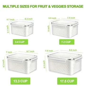 TBMax Fruit Storage Containers for Fridge Organizers and Storage, 4 Pack Large Produce Saver with Airtight Lid & Colander for Berry Lettuce Salad Vegetable Storage, Refrigerator Organizers
