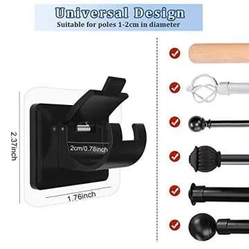 8PCS No Drill Curtain Rod Brackets No Drilling Self Adhesive Curtain Rod Holder Hooks Nail Free Curtain Rod Hooks Curtain Hangers for Bathroom Kitchen Home Bathroom and Hotel (Black)