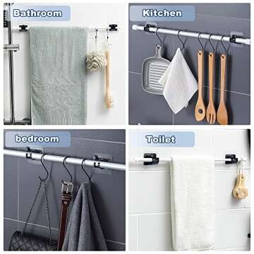 8PCS No Drill Curtain Rod Brackets No Drilling Self Adhesive Curtain Rod Holder Hooks Nail Free Curtain Rod Hooks Curtain Hangers for Bathroom Kitchen Home Bathroom and Hotel (Black)