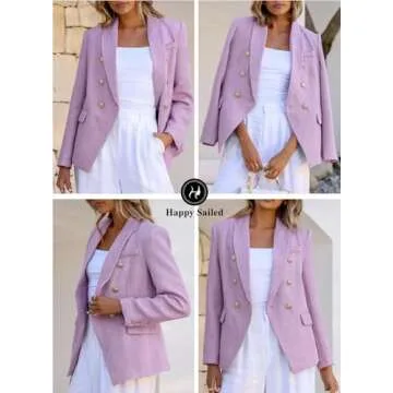 Happy Sailed Womens Fashion Work Suits Spring Long Sleeve Double Breasted Tweed Blazers Slim Fitted Lapel Open Front Business Office Blazer Jackets Professional Outfits 2025 Purple Small
