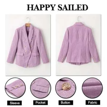 Happy Sailed Womens Fashion Work Suits Spring Long Sleeve Double Breasted Tweed Blazers Slim Fitted Lapel Open Front Business Office Blazer Jackets Professional Outfits 2025 Purple Small