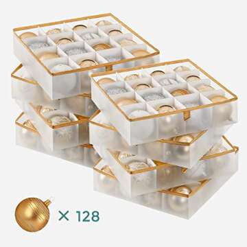 SONGMICS Plastic Christmas Ornament Storage Boxes, 2 Pack Christmas Ball Organizers, Hold 128 Balls up to 3-Inch, Removable Dividers, Sandy Gold URFB029A02