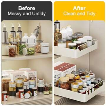 2 Pack Pull Out Cabinet Organizer, Heavy Duty Slide Out Pantry Shelves with Fixed Adhesive Nano Tapes, Pull Out Drawers for Kitchen, Bathroom, Living Room, Office, Home Cabinets, Off-White
