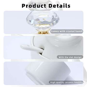 ONTUBE Porcelain Sugar Bowl with Crystal Lid and Spoon,8oz White (Crystal gold)