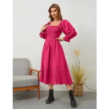 SHBECYDE Women Casual Eyelet Embroidered Summer Maxi Long Dress Square Neck Lantern Long Sleeve A-line Loose Flowy Midi Dress Pink