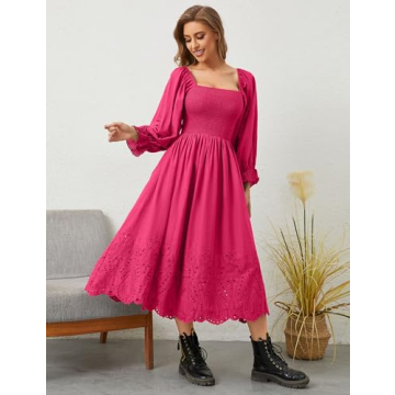 SHBECYDE Women Casual Eyelet Embroidered Summer Maxi Long Dress Square Neck Lantern Long Sleeve A-line Loose Flowy Midi Dress Pink