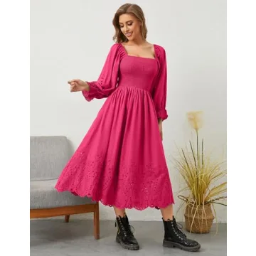 SHBECYDE Women Casual Eyelet Embroidered Summer Maxi Long Dress Square Neck Lantern Long Sleeve A-line Loose Flowy Midi Dress Pink