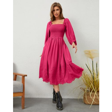 SHBECYDE Women Casual Eyelet Embroidered Summer Maxi Long Dress Square Neck Lantern Long Sleeve A-line Loose Flowy Midi Dress Pink