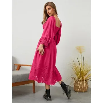 SHBECYDE Women Casual Eyelet Embroidered Summer Maxi Long Dress Square Neck Lantern Long Sleeve A-line Loose Flowy Midi Dress Pink