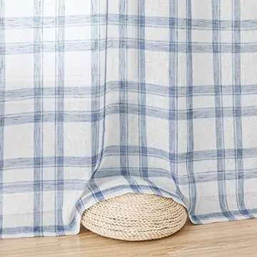 Randall Geometric Check Curtain Panel Pairs 84 Inches Long Linen Blend Semi-Sheer Backtab Rod Pocket Rustic Farmhouse Style Window Treatment Drape Sets for Bedroom Living Room, 54"x84"x2, Blue/White
