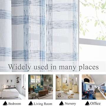 Randall Geometric Check Curtain Panel Pairs 84 Inches Long Linen Blend Semi-Sheer Backtab Rod Pocket Rustic Farmhouse Style Window Treatment Drape Sets for Bedroom Living Room, 54"x84"x2, Blue/White