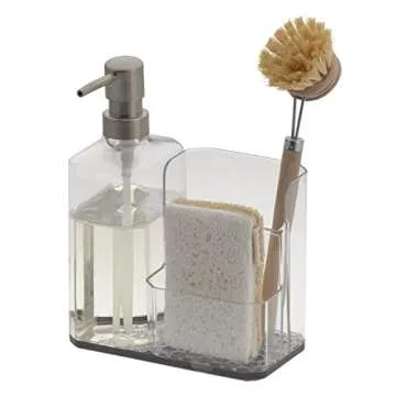 Spectrum HEXA Sponge & Brush Organizer With Soap Pump, Kitchen Sink Organizer With Refillable Soap Pump, Sponge & Dish Brush Holder Easy-Clean Sink Organization & Dish Brush Holder with Removable Base