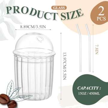 Layhit 2 Pcs Glass Tumbler with Bubble Lid and Straw Reusable Smoothie Cup 15 oz Iced Coffee Cup Bub...