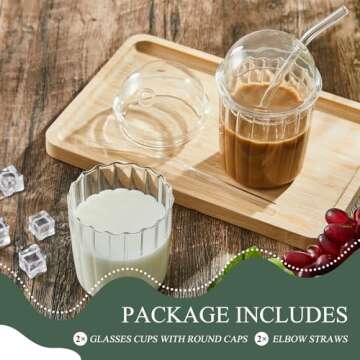 Layhit 2 Pcs Glass Tumbler with Bubble Lid and Straw Reusable Smoothie Cup 15 oz Iced Coffee Cup Bubble Tea Cups Cute Drinking Cup with Straw Glass Tumbler with Dome Lid and Straw for Home Office Bar