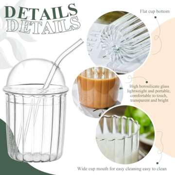 Layhit 2 Pcs Glass Tumbler with Bubble Lid and Straw Reusable Smoothie Cup 15 oz Iced Coffee Cup Bubble Tea Cups Cute Drinking Cup with Straw Glass Tumbler with Dome Lid and Straw for Home Office Bar