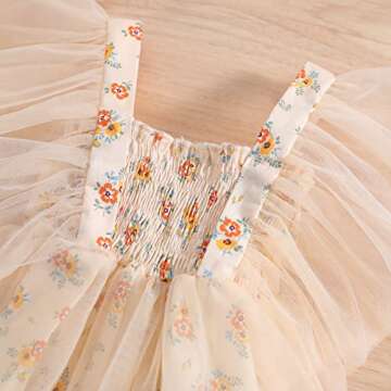 Shvaility Newborn Baby Girl Romper Floral Print Mesh Puff Sleeves Jumpsuit Bodysuit Boho Summer Clothes Pink Apricot 6-12 Months